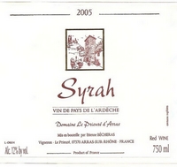 �tiquette du Syrah (vin de pays de l'Ard�che Rouge)
